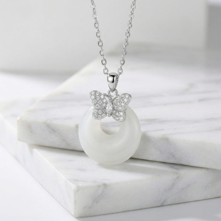 925 Sterling Silver Elegant Butterfly & White Jade Donut Pendant Necklace
