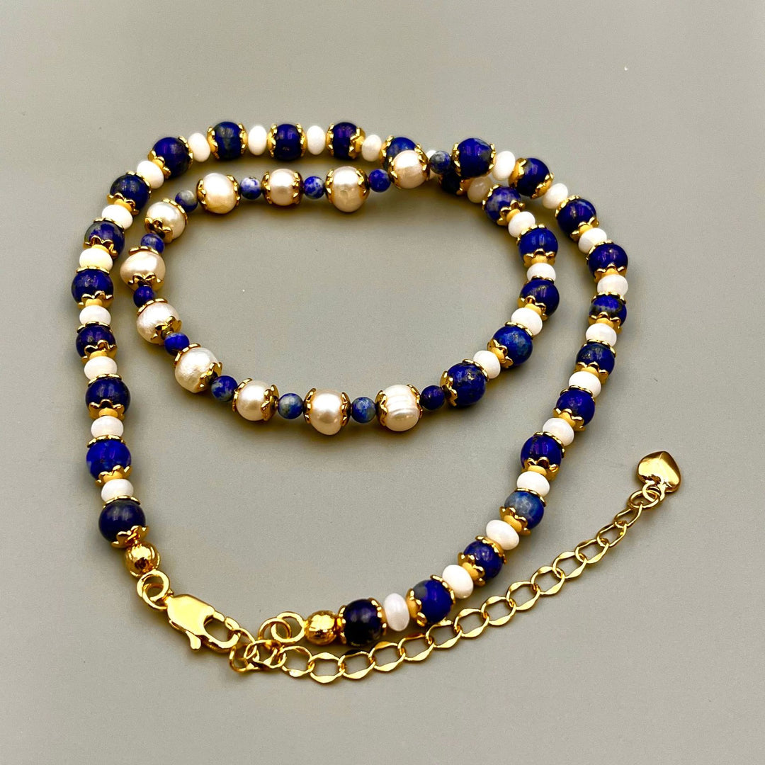 Retro Lapis Stone & Pearl Necklace for Women – Elegant Vintage Fashion Jewelry