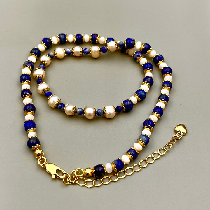 Retro Lapis Stone & Pearl Necklace for Women – Elegant Vintage Fashion Jewelry