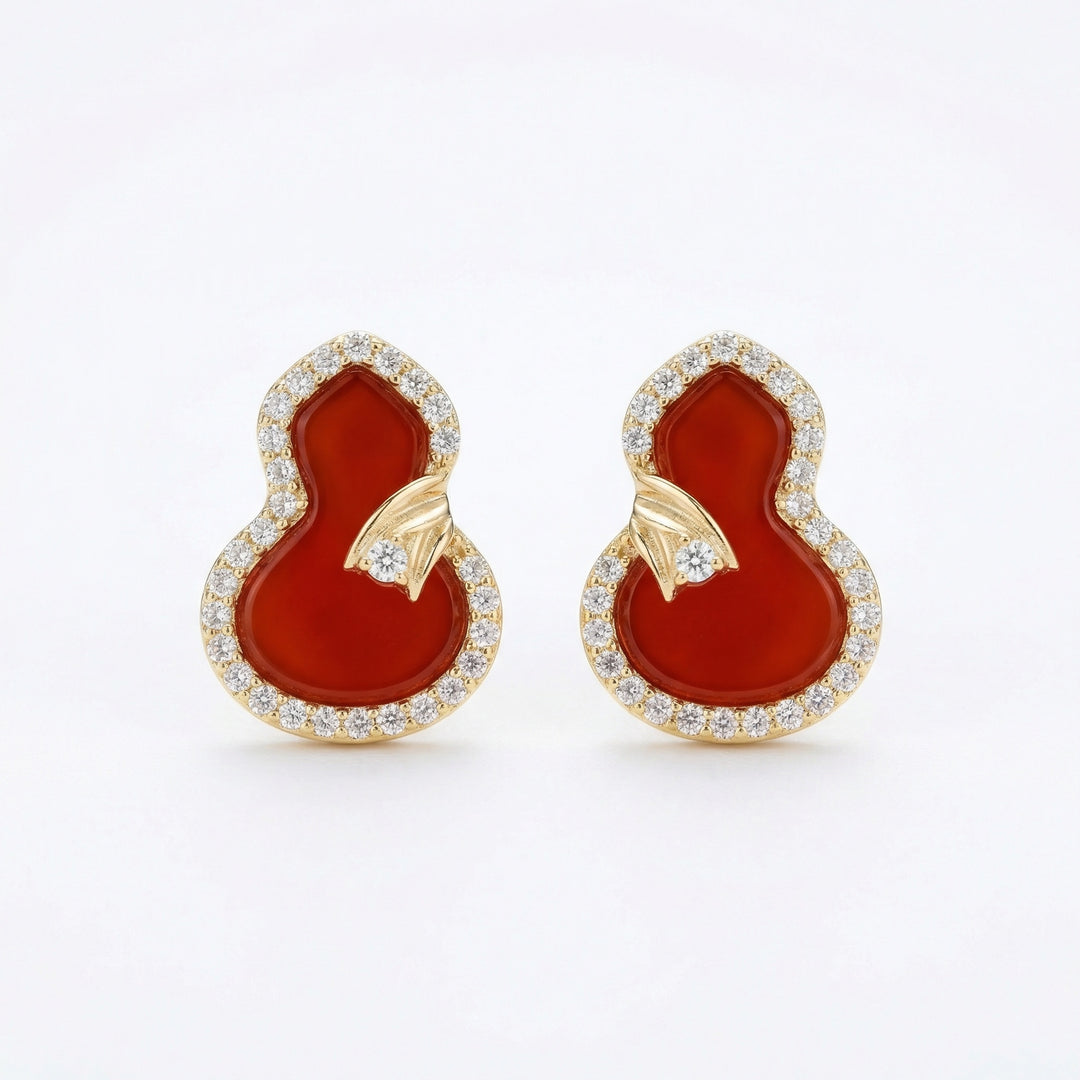 ✨ 925 Sterling Silver Red Gemstone Gourd Stud Earrings with Sparkling Halo Accents ✨