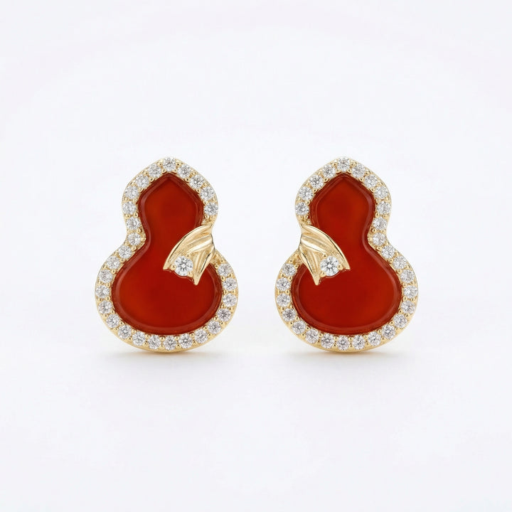 ✨ 925 Sterling Silver Red Gemstone Gourd Stud Earrings with Sparkling Halo Accents ✨