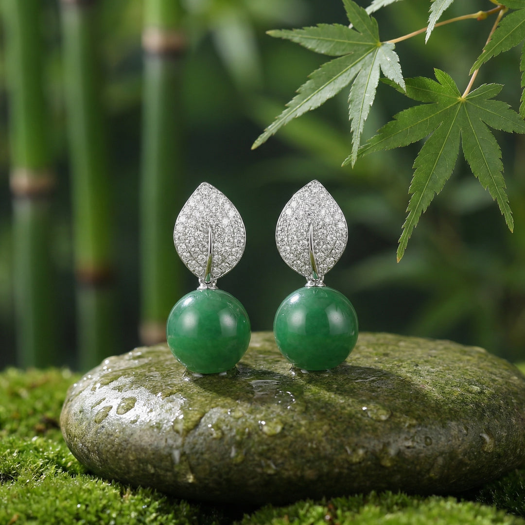925 Sterling Silver Elegant Green Jade Bead Drop Earrings with Diamond-Set Leaf Accents