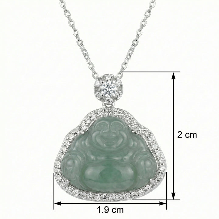 925 Sterling Silver Green Jade Laughing Buddha Necklace – Sparkling Accents in Polished Silver Tone