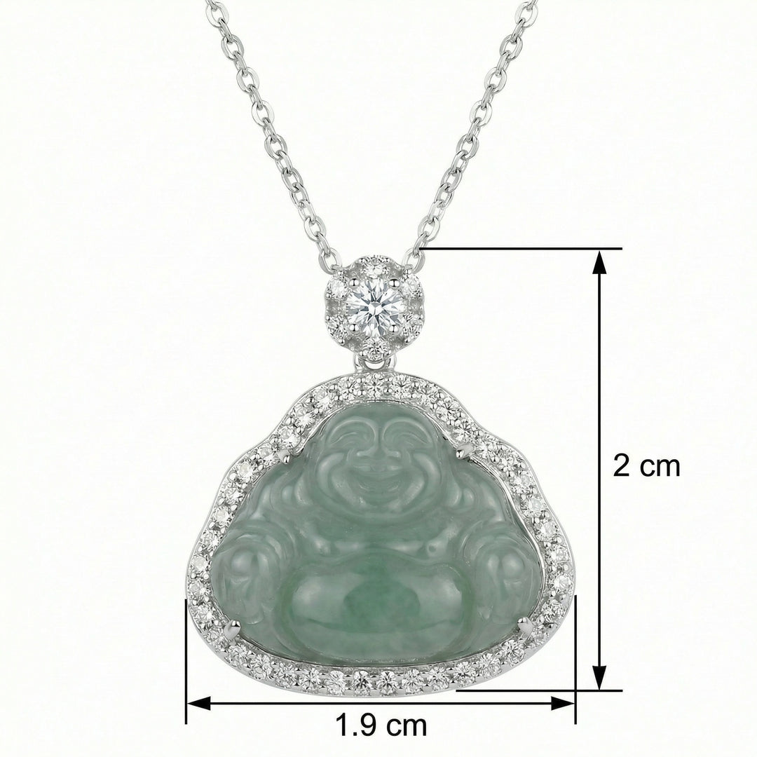 925 Sterling Silver Green Jade Laughing Buddha Necklace – Sparkling Accents in Polished Silver Tone