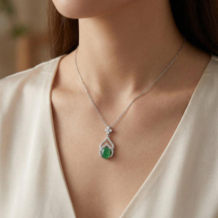 925 Sterling Silver Green Jadeite Teardrop Necklace – Diamond Halo Cabochon Pendant