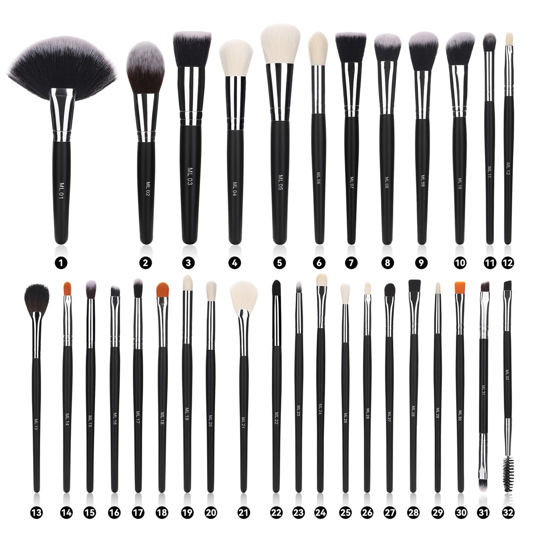 🖌️ 32-Piece Professional Makeup Brush Set – Wooden Handle Brushes with Leather Storage Bag 💄✨