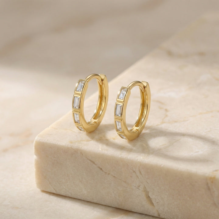 ✨ 925 Sterling Silver Baguette Cut Stone Huggie Hoop Earrings ✨