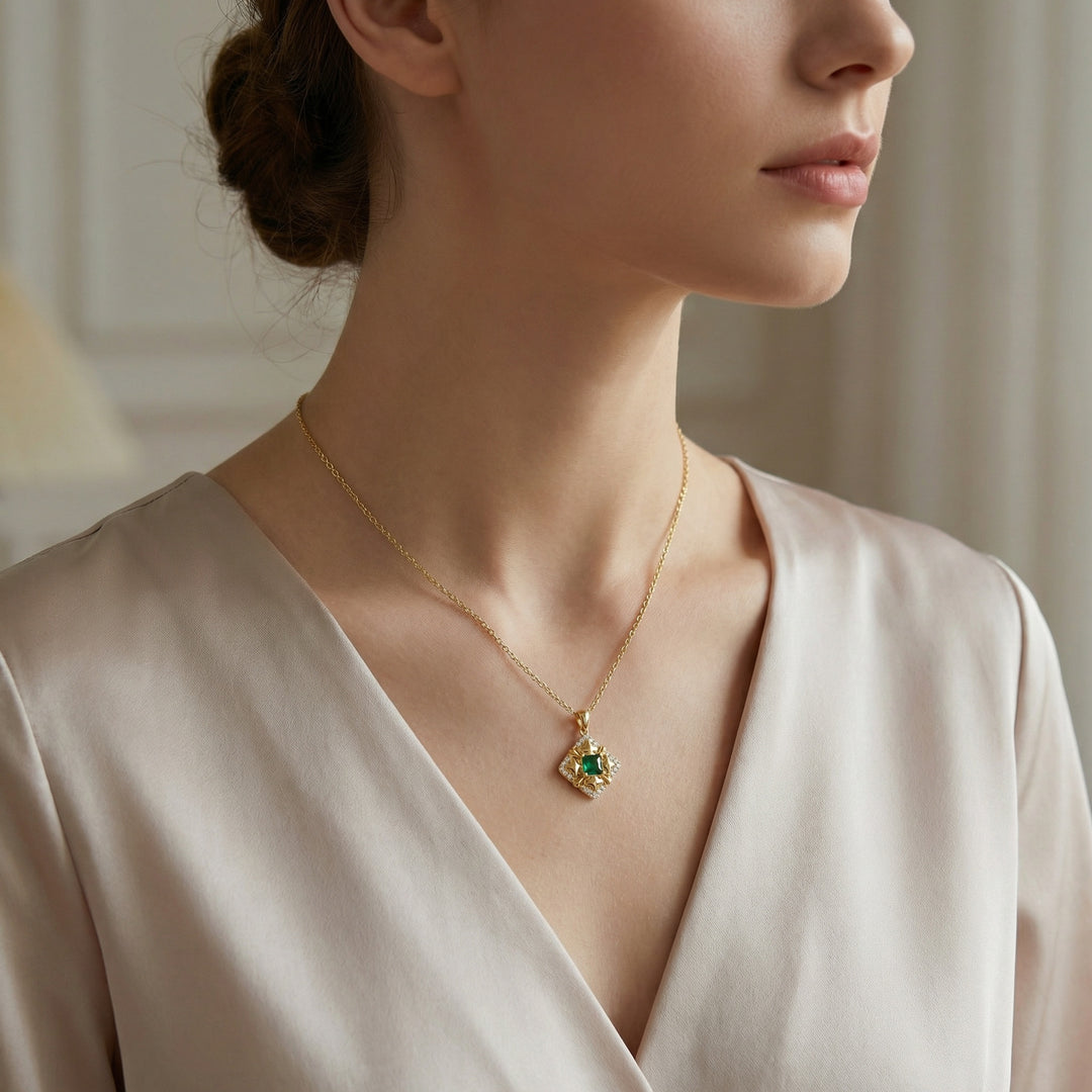 925 Sterling Silver Green Square Gemstone Pendant Necklace with Crystal Halo Accents – Vintage-Inspired