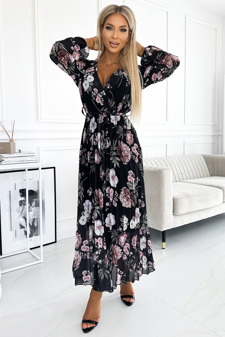 Pleated midi dress with a neckline; long sleeves and a tie at the waist - black with pink flowers