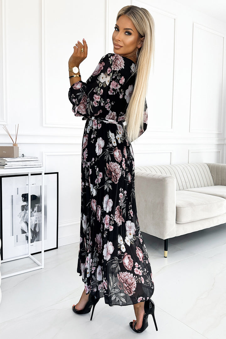 Pleated midi dress with a neckline; long sleeves and a tie at the waist - black with pink flowers