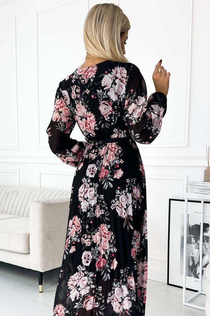 Pleated midi dress with a neckline; long sleeves and a tie at the waist - black with red and pink roses