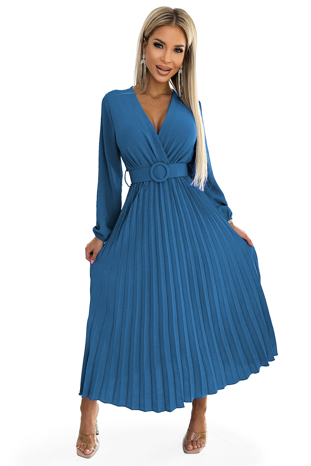 Pleated midi dress with a neckline; long sleeves and a wide belt - JEANS