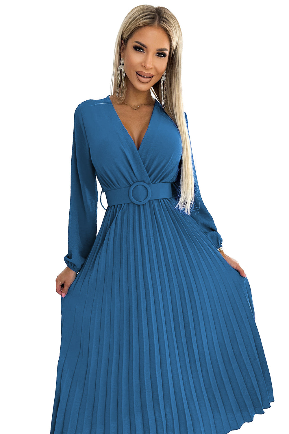 Pleated midi dress with a neckline; long sleeves and a wide belt - JEANS