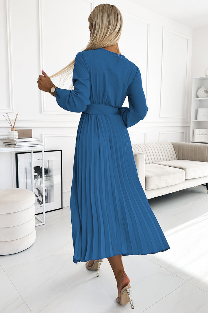 Pleated midi dress with a neckline; long sleeves and a wide belt - JEANS