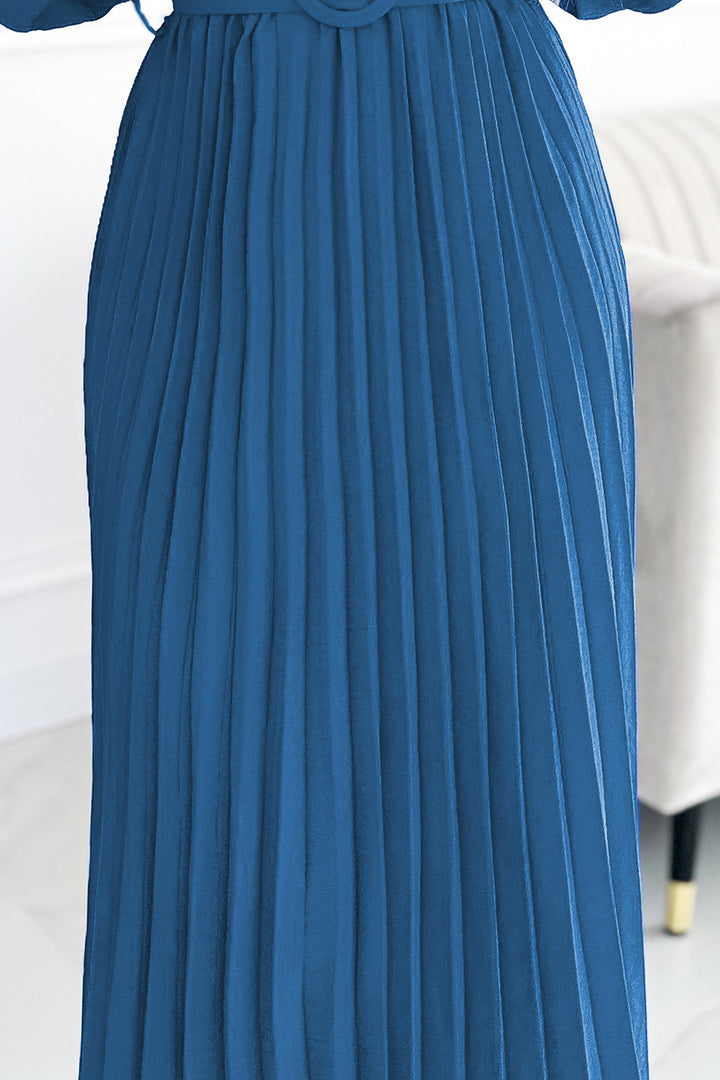 Pleated midi dress with a neckline; long sleeves and a wide belt - JEANS