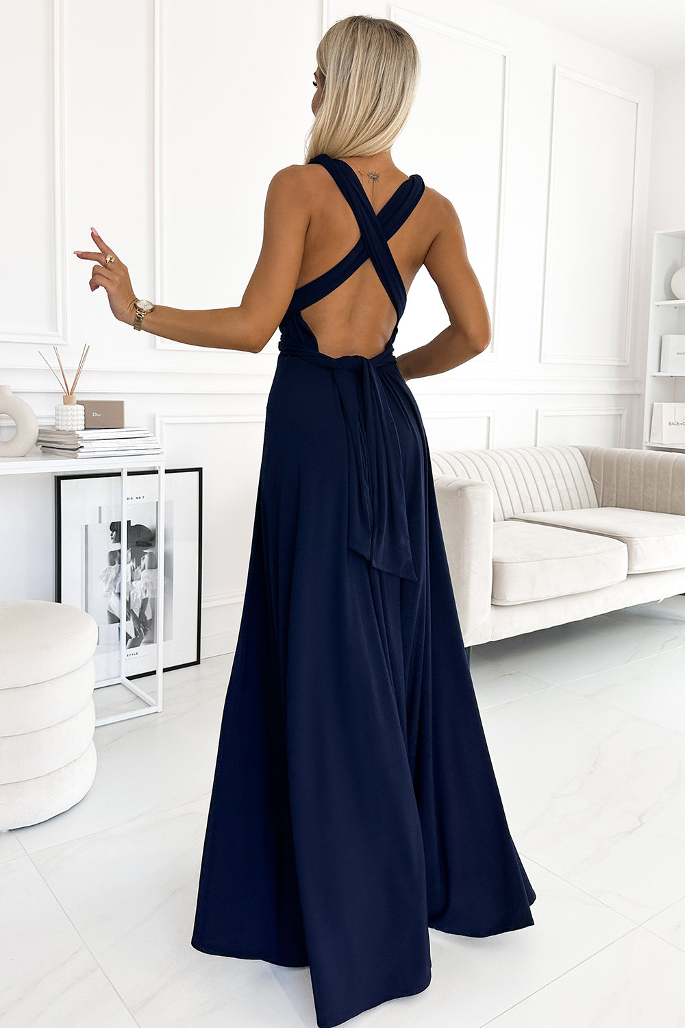 Elegant long dress tied in many ways - navy blue