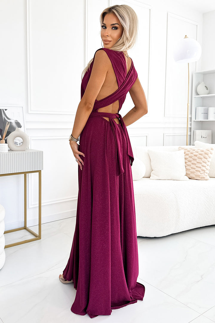 Elegant long dress tied in many ways - burgundy with glitter