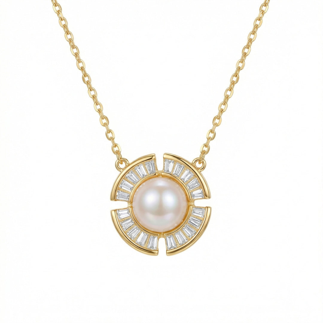 🌟 Pearl & Sunburst Baguette Necklace