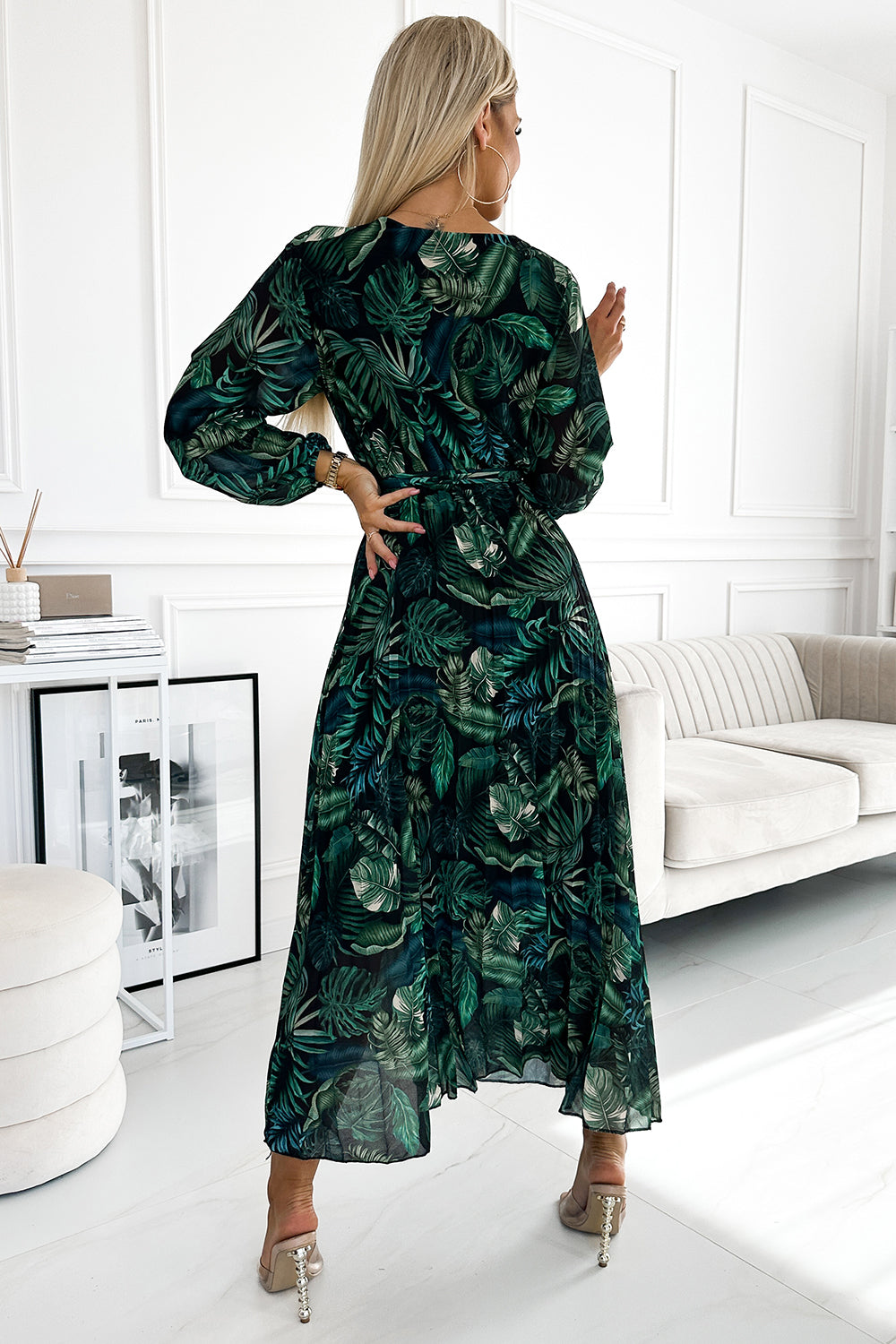 Pleated chiffon long dress with a neckline; long sleeves and a belt - green leaves