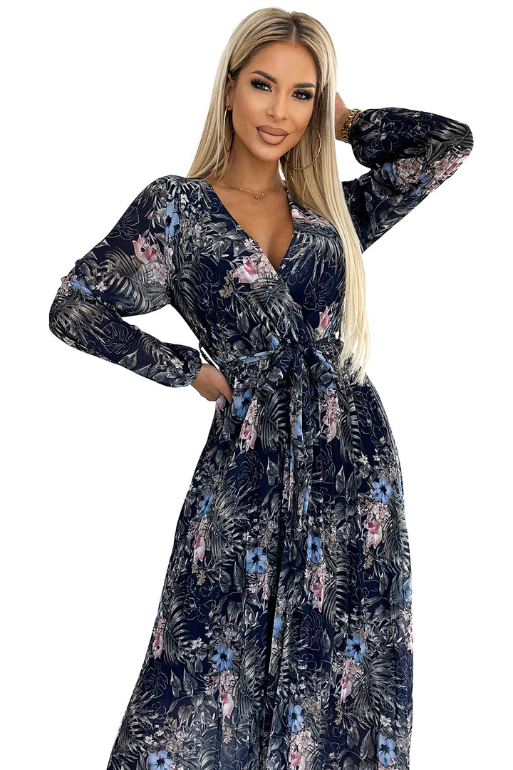 Pleated chiffon long dress with a neckline; long sleeves and a belt - navy blue pattern