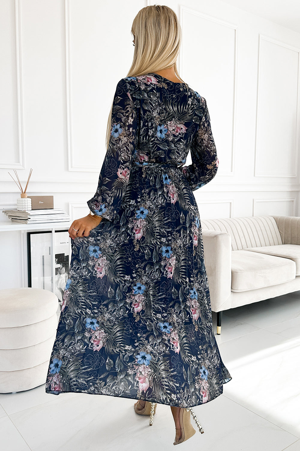 Pleated chiffon long dress with a neckline; long sleeves and a belt - navy blue pattern