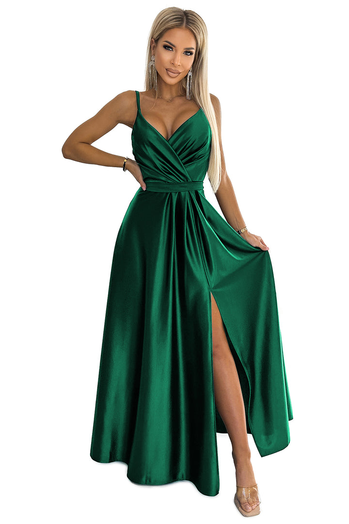 JULIET elegant long satin dress with a neckline - green