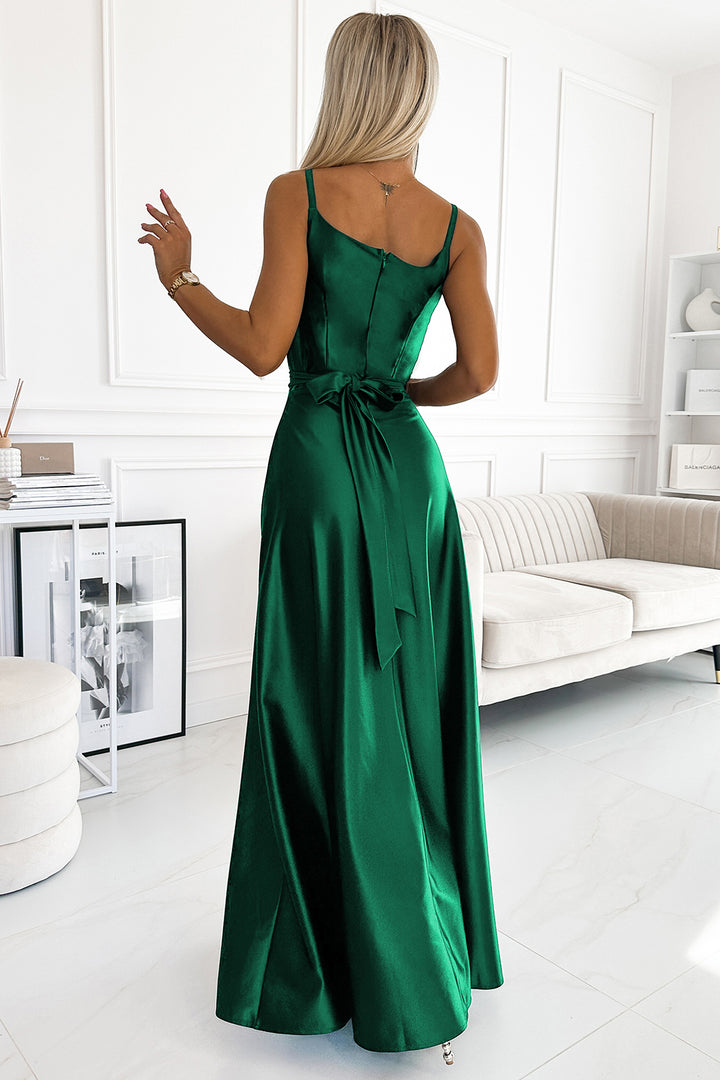 JULIET elegant long satin dress with a neckline - green