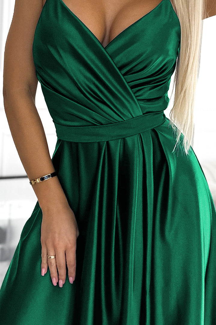 JULIET elegant long satin dress with a neckline - green