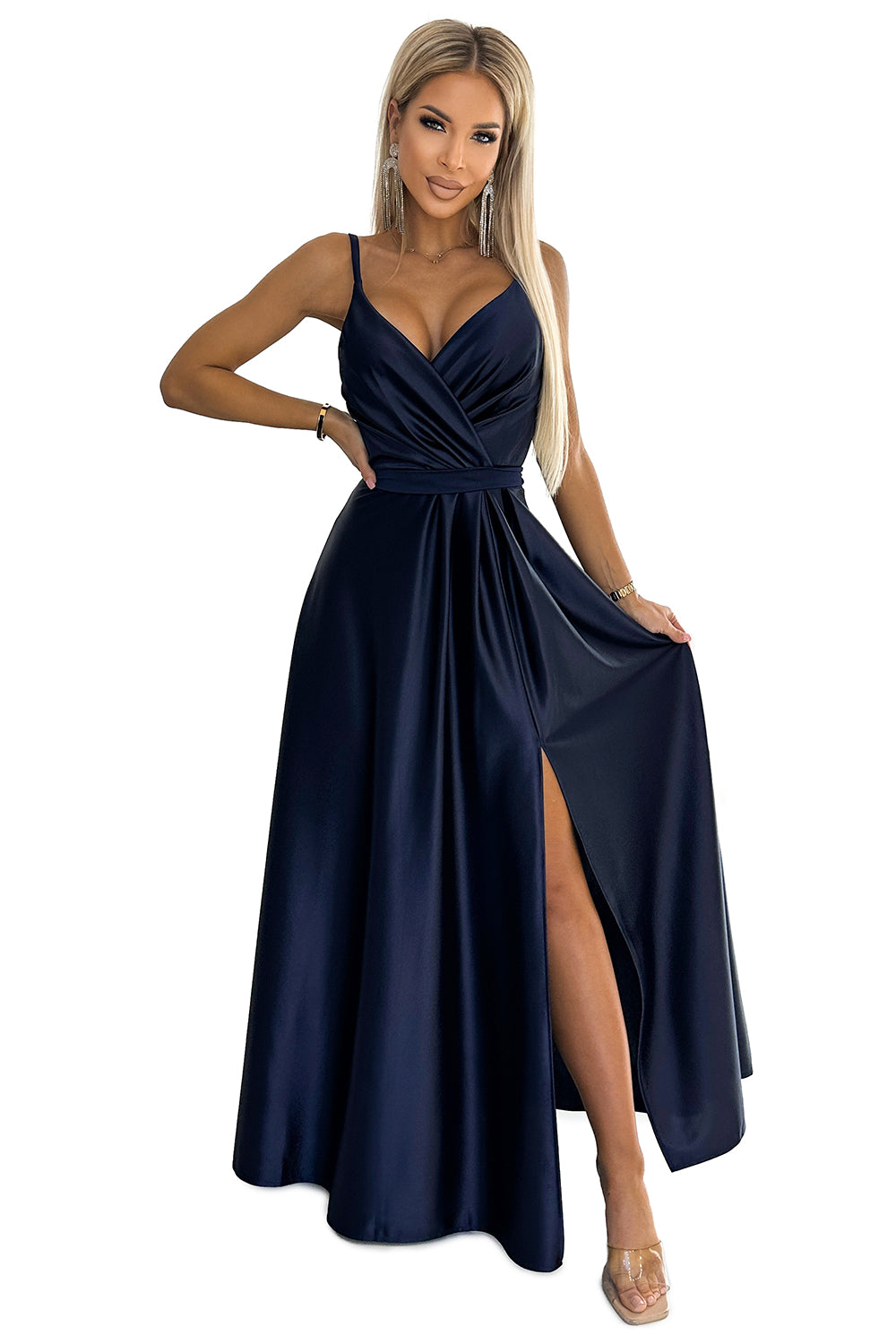 JULIET elegant long satin dress with a neckline - navy blue