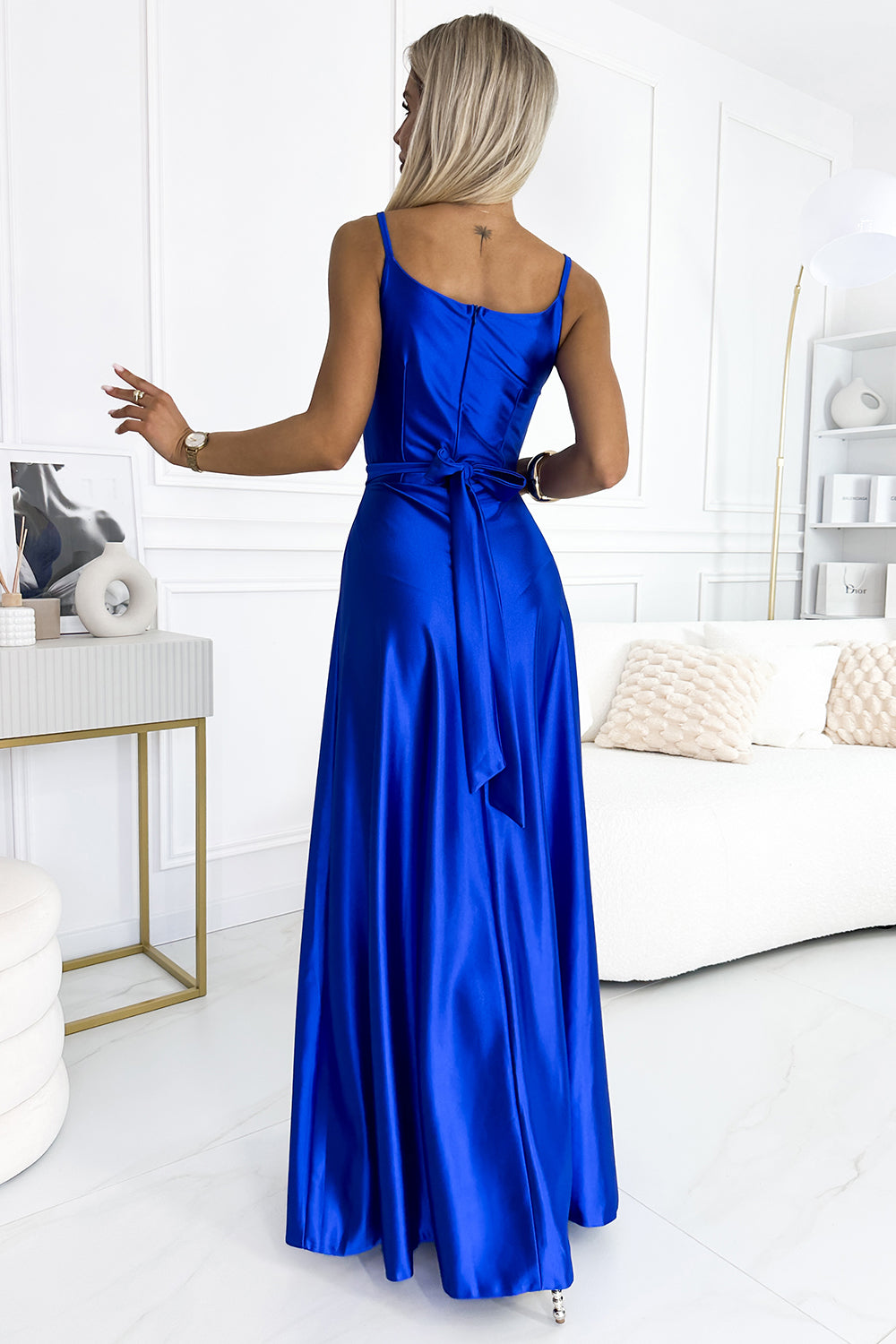 Elegant long satin dress with a neckline and leg slit - royal blue