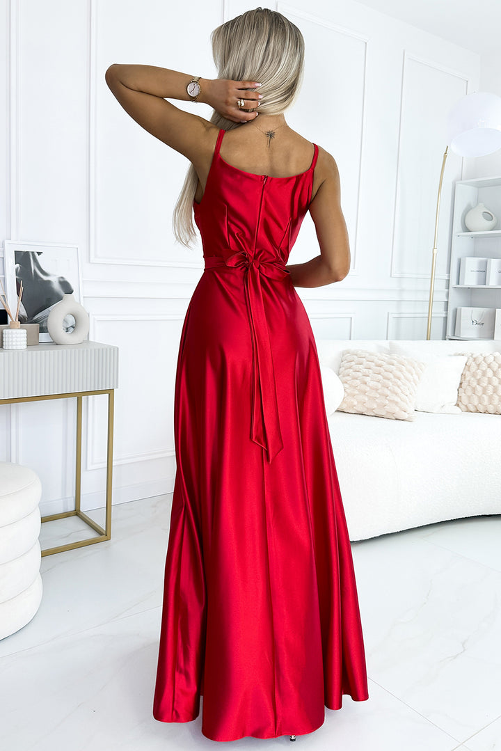 Elegant long satin dress with a neckline and leg slit - red