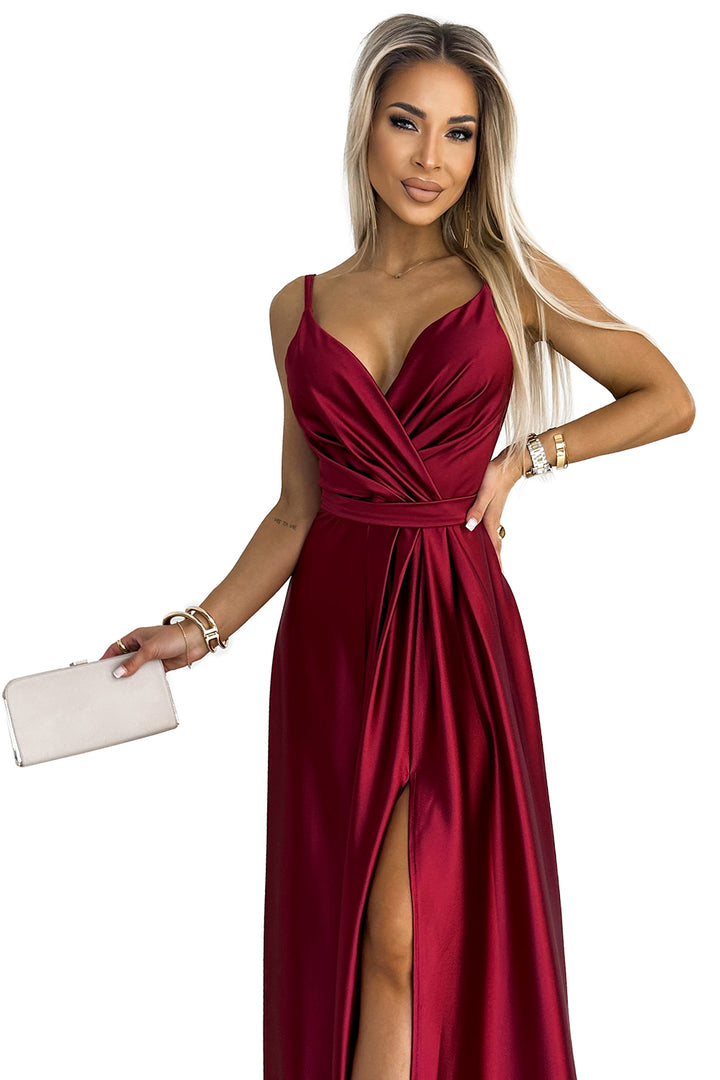 Elegant long satin dress with a neckline and leg slit - Burgundy color