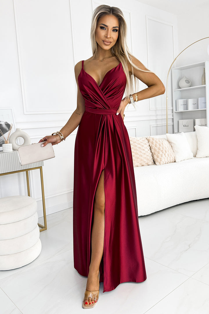 Elegant long satin dress with a neckline and leg slit - Burgundy color