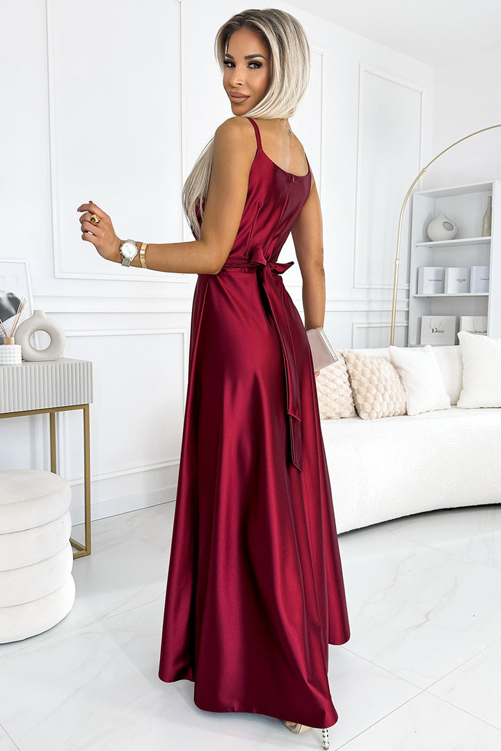 Elegant long satin dress with a neckline and leg slit - Burgundy color