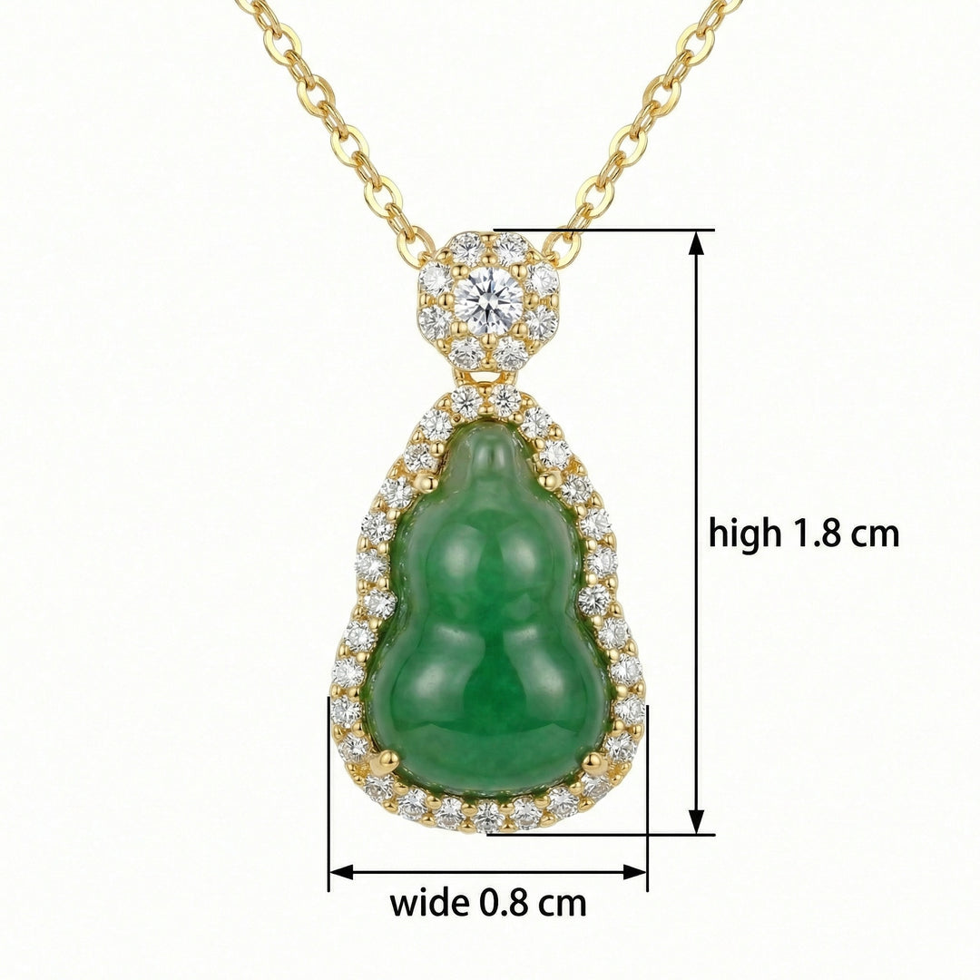 ✨ 925 Sterling Silver Elegant Green Jadeite Hulu Gourd Pendant Necklace with Diamond Halo ✨