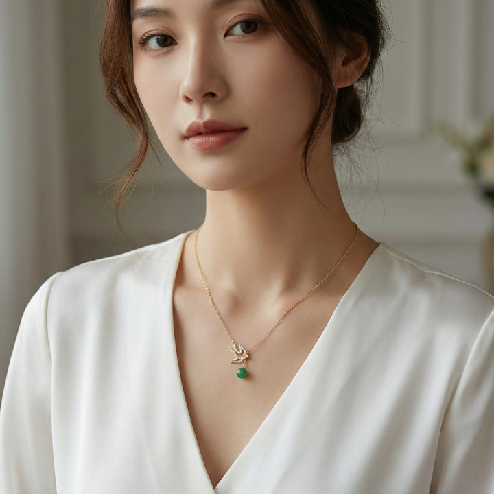 ✨ 925 Sterling Silver Sparkling Diamond Swallow Necklace with Elegant Green Jade Bead Drop ✨