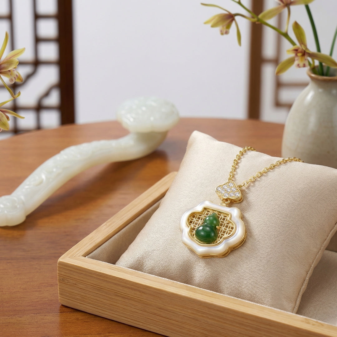 925 Sterling Silver Elegant Nephrite Jade Gourd Pendant with Diamond Cloud and Mother-of-Pearl