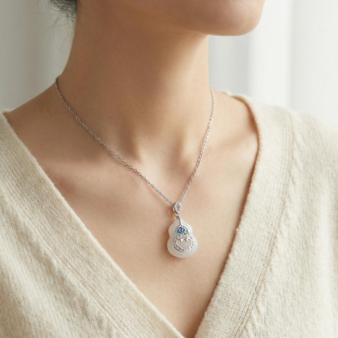 925 Sterling Silver Elegant Gourd Pendant Necklace with White Jade and Enamel Inlay