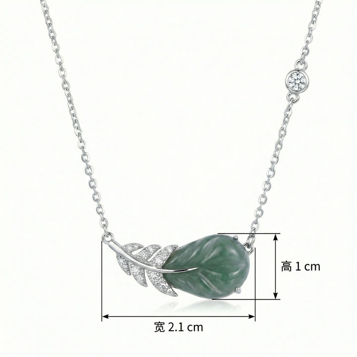 925 Sterling Silver Elegant Green Jade and Sparkling Gemstone Feather Pendant Necklace