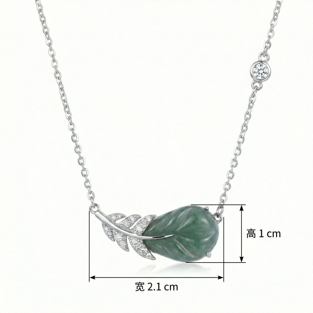 925 Sterling Silver Elegant Green Jade and Sparkling Gemstone Feather Pendant Necklace