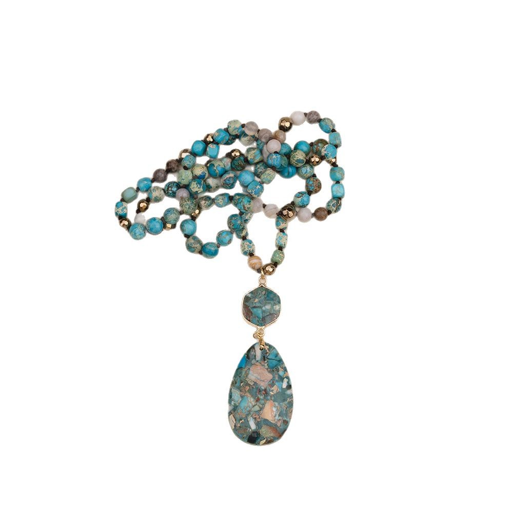 Bohemian Natural Stone Blue Teardrop Knotted Necklace – Handmade Turquoise Jewelry