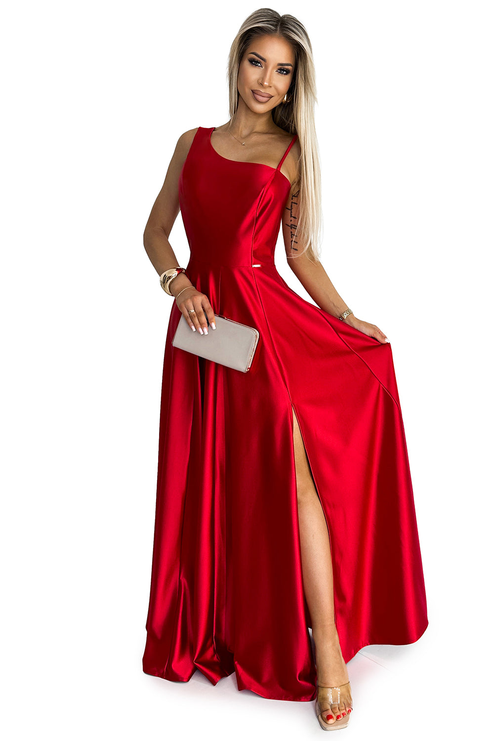 Long elegant satin one-shoulder dress - red