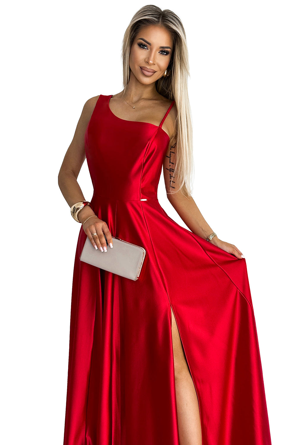 Long elegant satin one-shoulder dress - red