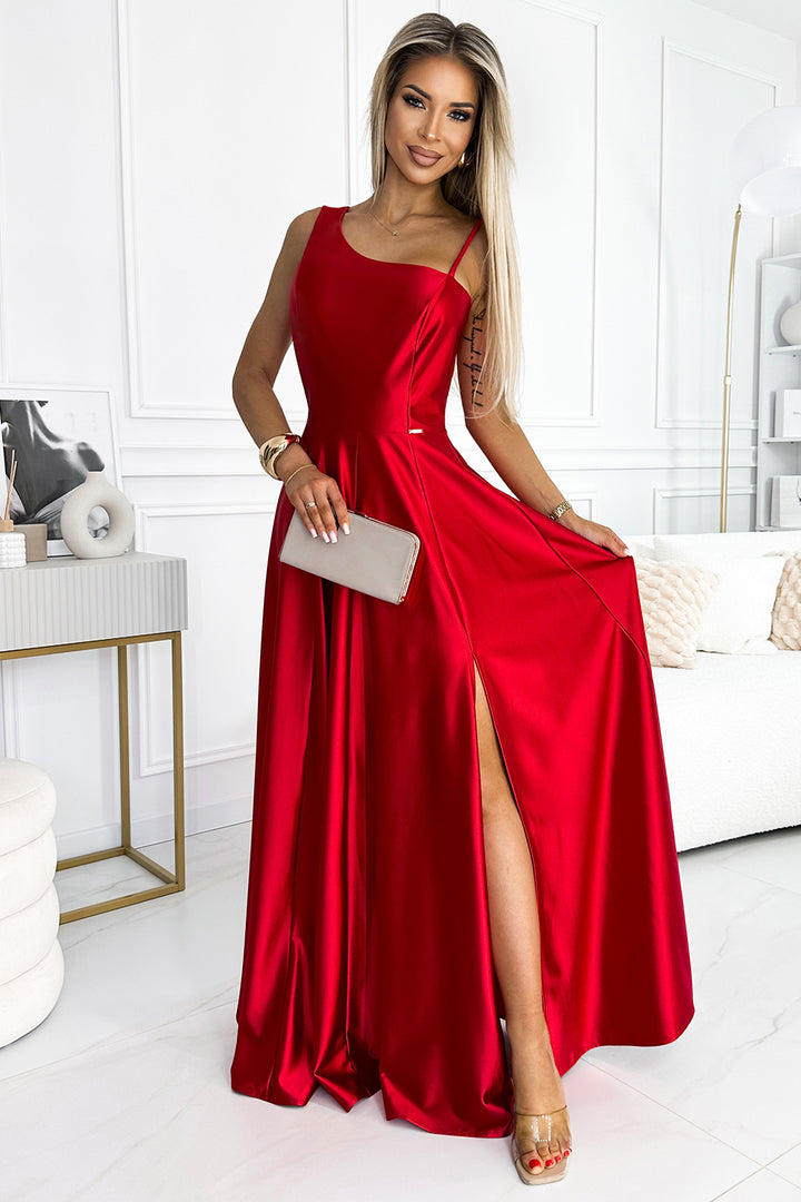 Long elegant satin one-shoulder dress - red