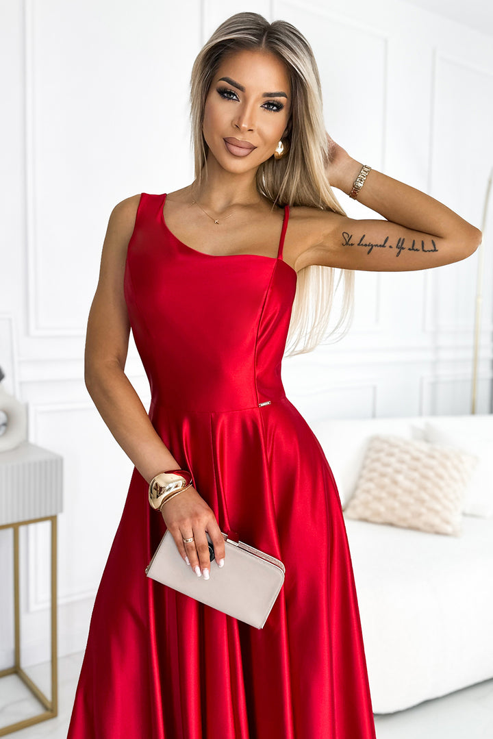 Long elegant satin one-shoulder dress - red