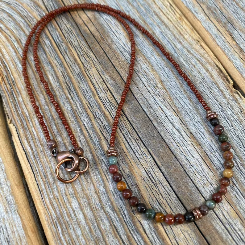 Hip-Hop Turquoise Rice Bead Necklace – Heart Letter Pendant Snake Chain