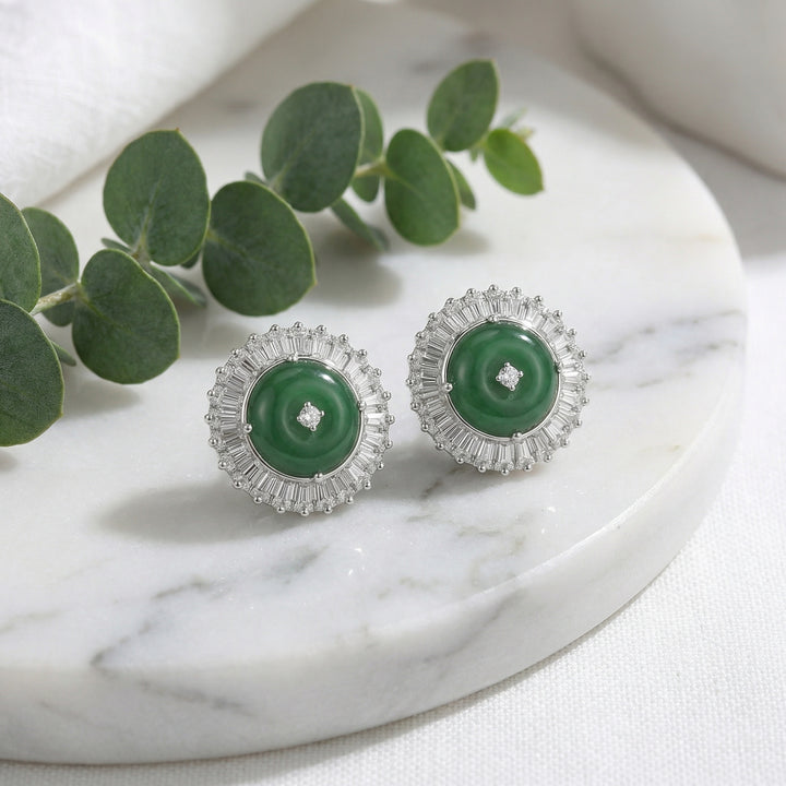 925 Sterling Silver Circular Green Jade Halo Stud Earrings with Baguette Diamonds