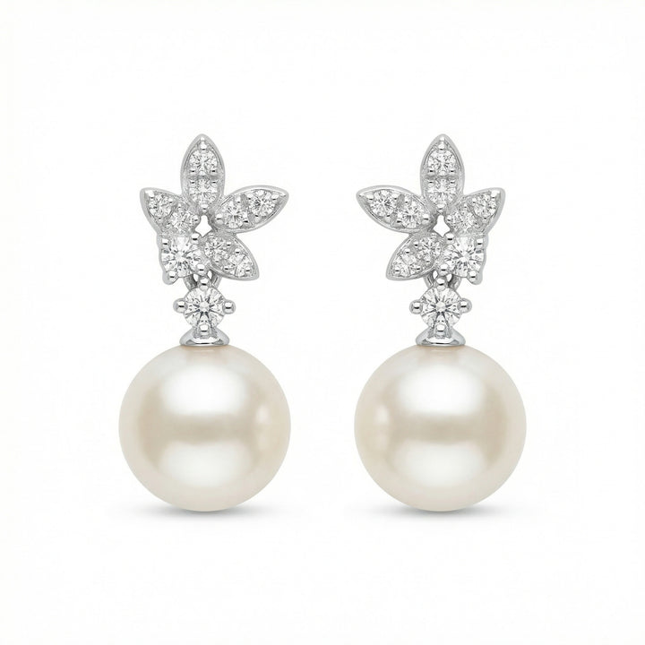 ✨ 925 Sterling Silver White Pearl Drop Earrings with Diamond Floral Accents ✨