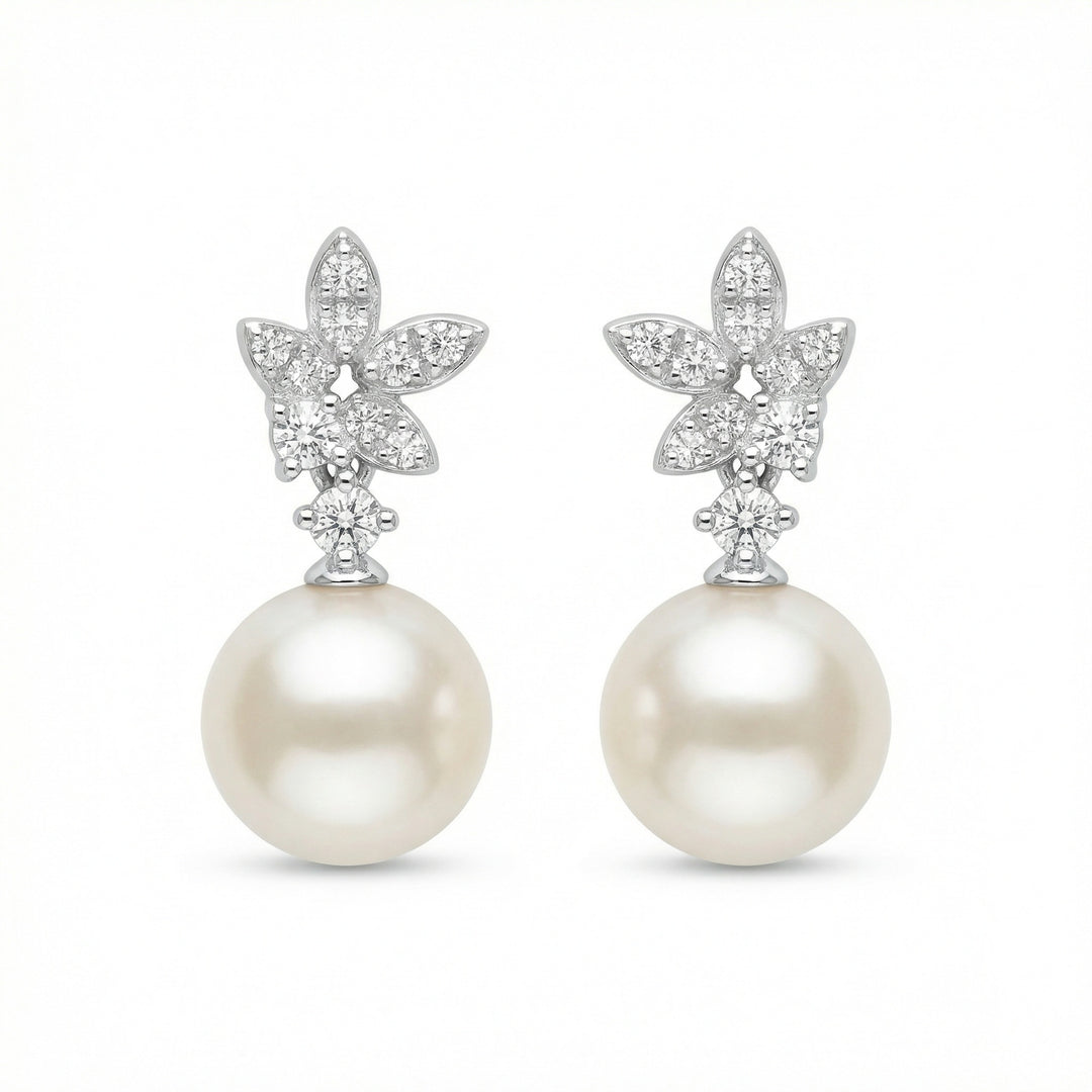 ✨ 925 Sterling Silver White Pearl Drop Earrings with Diamond Floral Accents ✨