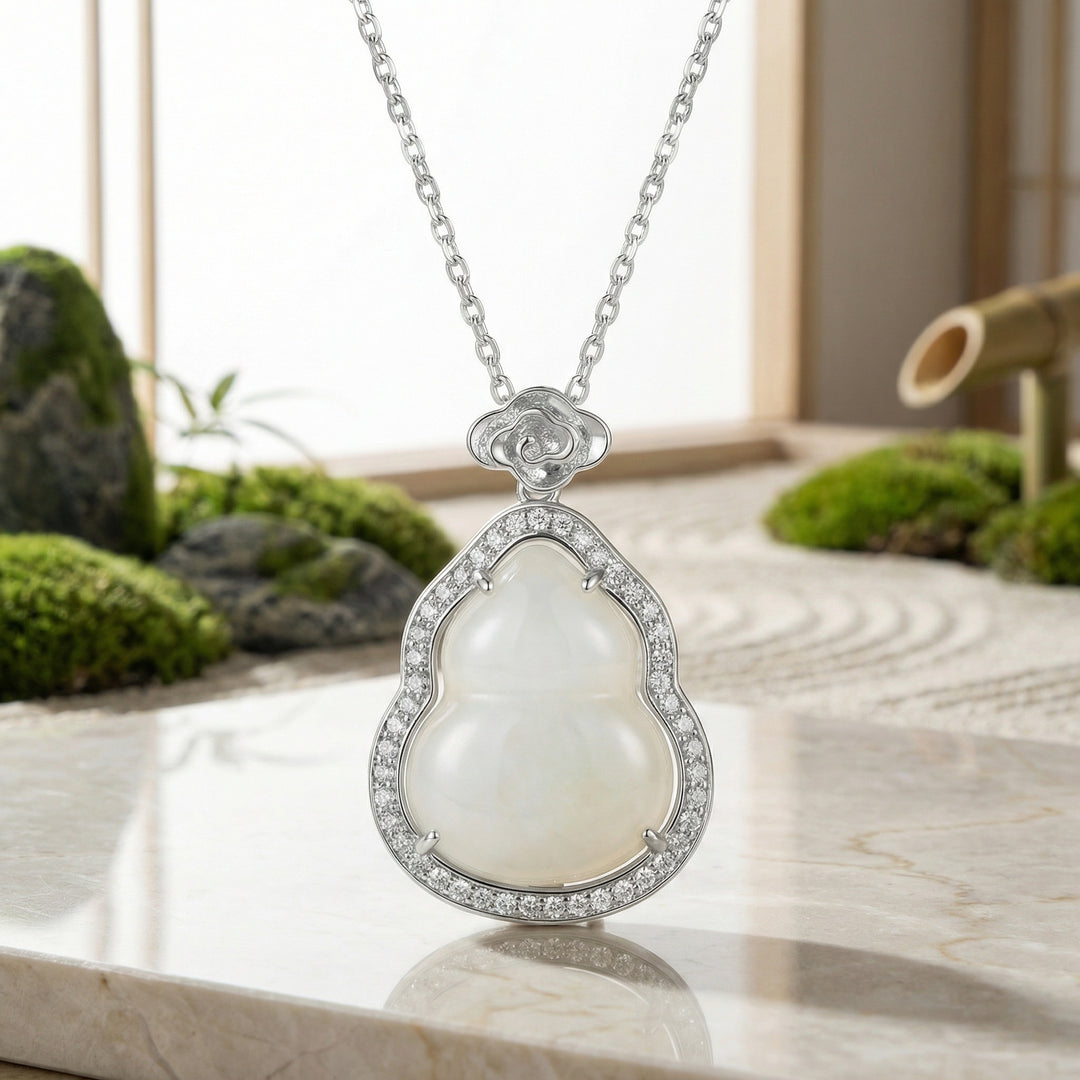 925 Sterling Silver White Jade Gourd Pendant Necklace – Elegant Design with Shimmering Stone Halo